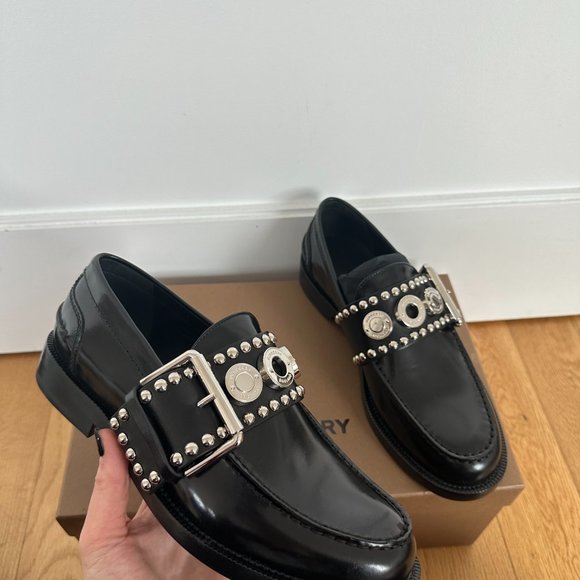 Burberry Marita Loafers Black Buffed Leather Silver Buckle Strap Sz 39 NWB